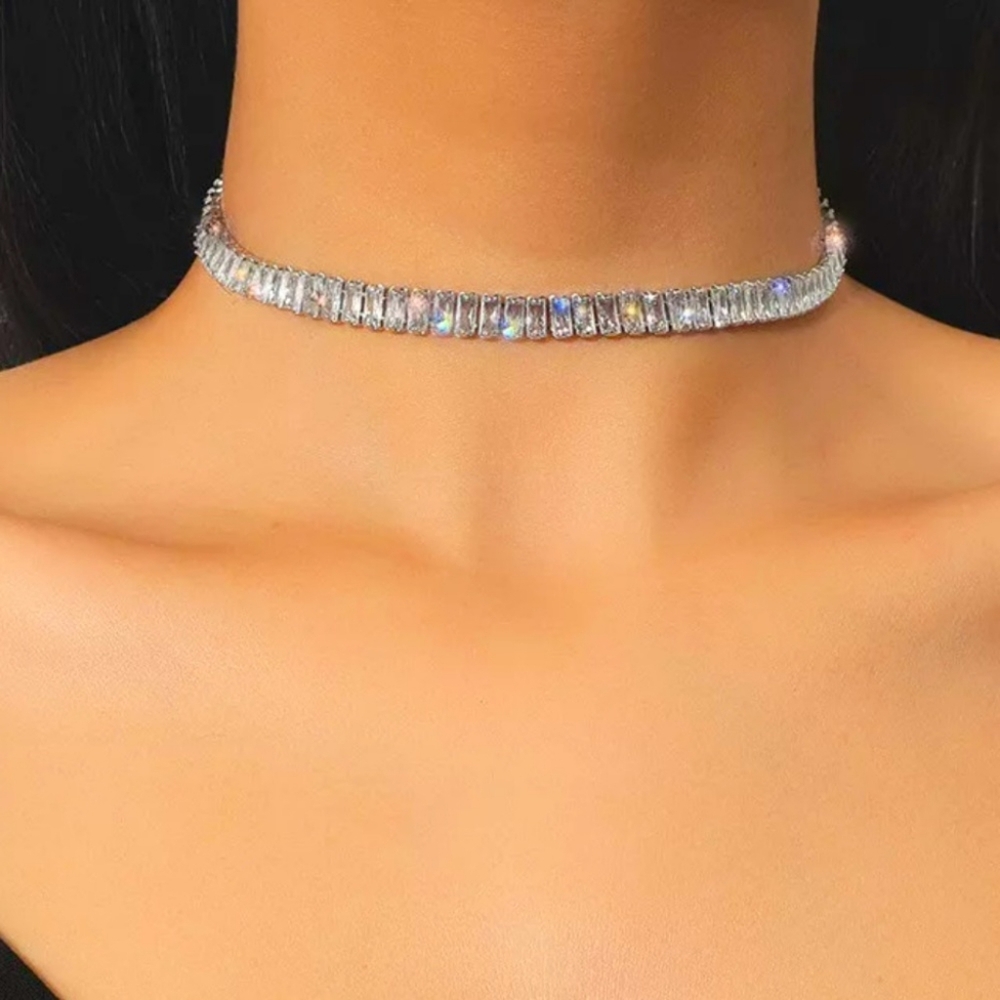 NEW STERLING SILVER DIAMOND CHOKER NECKLACE